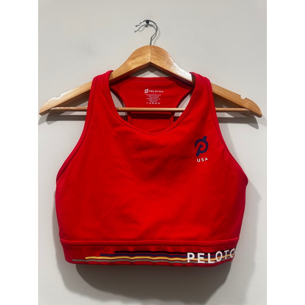 Peloton USA Sports Bra Red Racerback Logo Striped Hem Large RN150110